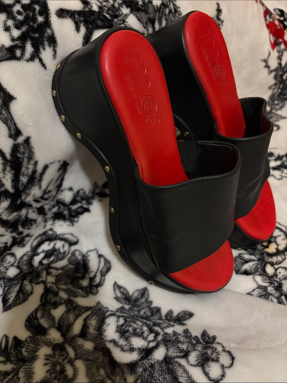 Italian Handmade Leather Black & Red Platform Slide Sandals
